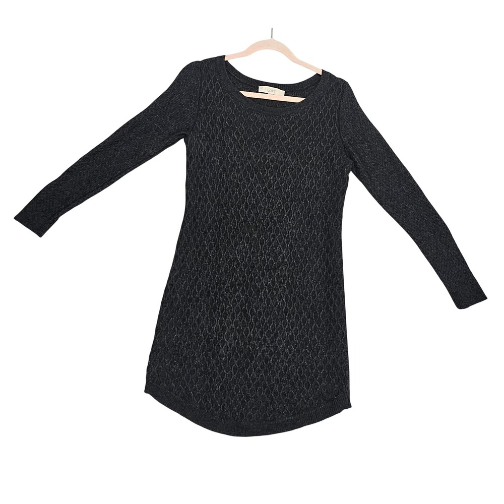 Ann Taylor LOFT Wool Sweater Dress M Tunic  Diamond Cable Knit Gray Rabbit Hair